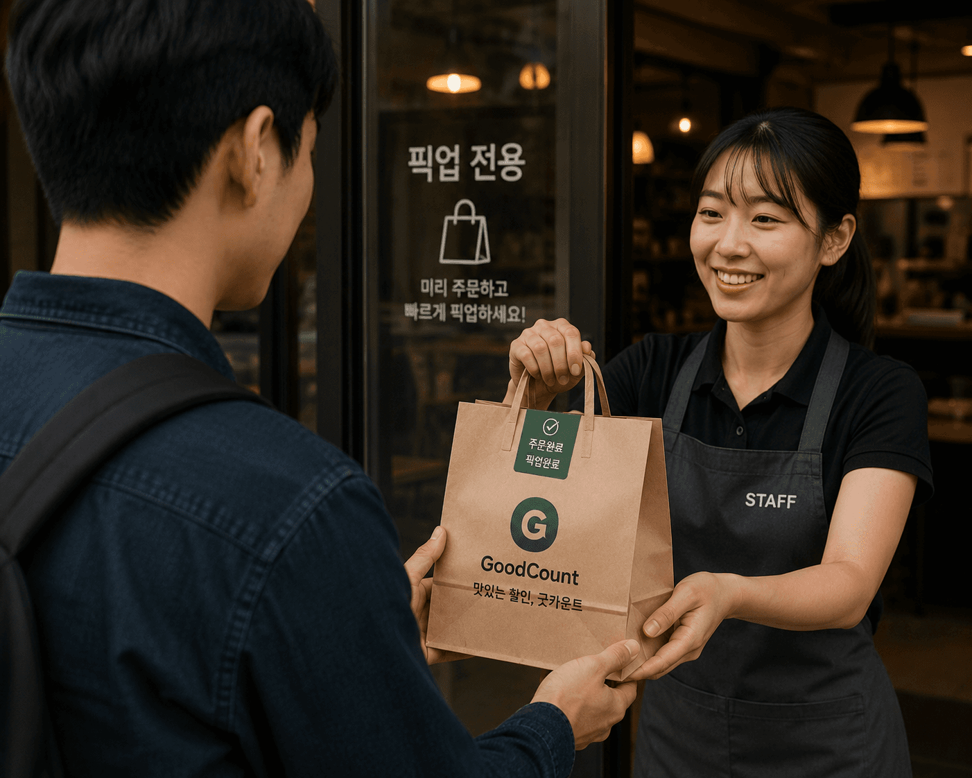 굿카운트 종이백을 매장에서 픽업하는 사용자